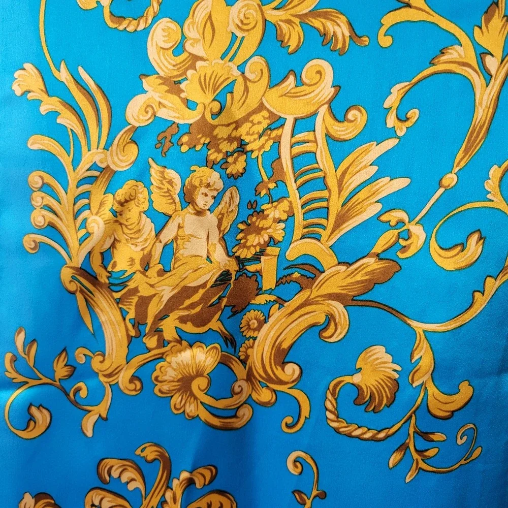 Vtg 90s Echo Silk Scarf Blue Gold Baroque Cherub Print Oblong 11X58 Maximalist